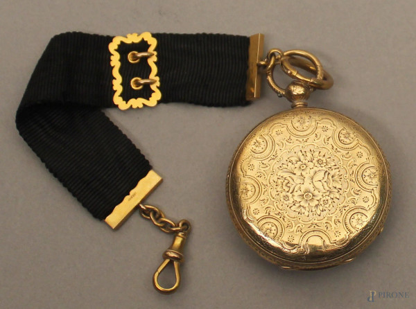 Orologio da taschino in oro 18 kt, quadrante a numeri romani.