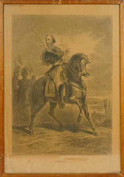 Garibaldi,  disegnatore di Jules Cornilliet, stampatore Antoine Claude Monnin, cm 65x45, fine XIX secolo, entro cornice, (difetti)