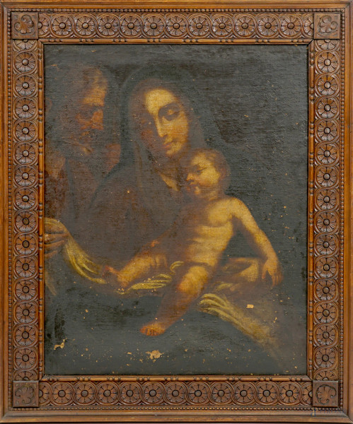 Sacra famiglia, sec.XVIII, olio su tela, cm 74,5x63, entro cornice (Difetti)