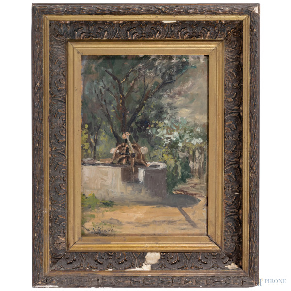 Nicola Biondi (1866-1929), Scorcio di parco con pozzo, , olio su tavoletta, cm 24x16,5, firmato in basso a sinistra, entro cornice, (piccola lacuna all'angolo superiore destro e fessurazione)