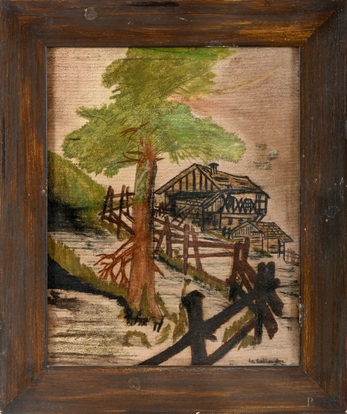 Sentiero, tecnica mista su tela, XX secolo, cm 36x28,5 (difetti) 