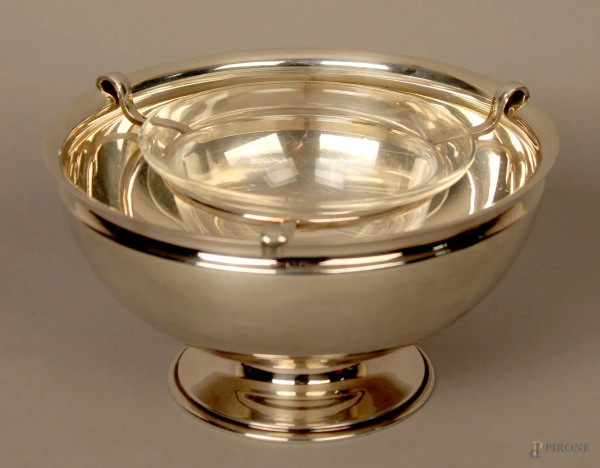 Portacaviale in metallo argentato con vaschetta in vetro, H 11 cm, diametro 20 cm.