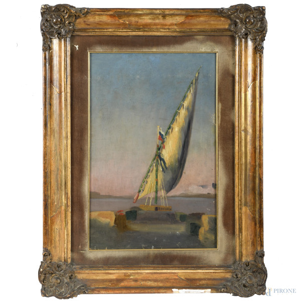 Barca a vela, XX secolo, olio su tela, cm 49x31,5, entro cornice, (cadute di colore, difetti)