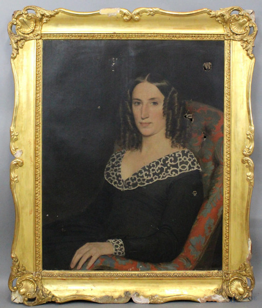 Ritratto di donna, olio su tela, cm. 74x59,5, prima met&#224; del XX secolo, entro cornice, (difetti alla tela).