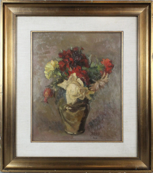Diego Pettinelli - Vaso con fiori, olio su cartoncino, cm. 35x29, entro cornice.