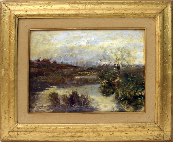 Paesaggio, olio su cartone, XIX sec., cm 30x40, entro cornice.