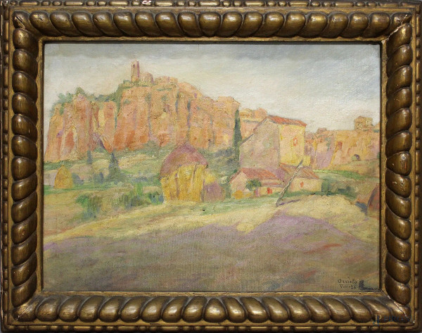 Scorcio di Orvieto,olio su tela applicata su cartone 49x34 cm,in cornice.