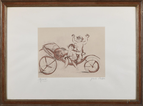 Giacomo Manzù (1908-1991), Giulia e Mileto in carrozza, litografia, cm 50x70, firmato in basso a sinistra, es. P.A., entro cornice,