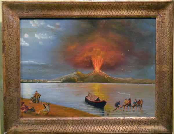 Scorcio di costa con pescatori su sfondo Vesuvio, olio su tavola 48x19 cm, entro cornice.