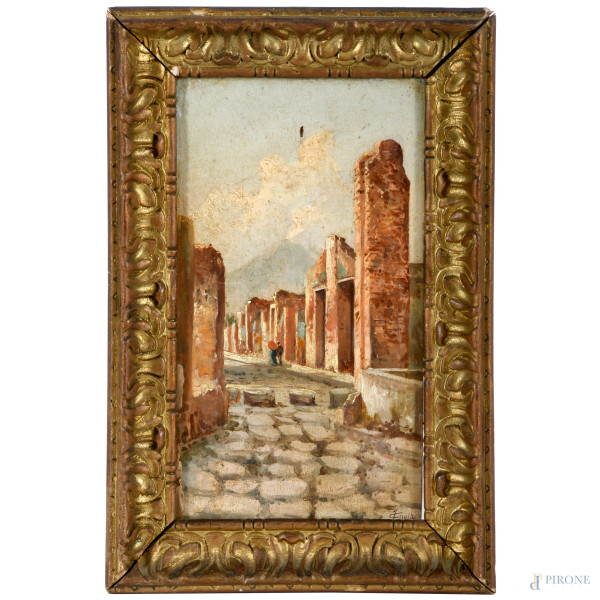 Scorcio di Pompei, XX secolo, olio su tavola, cm 25,5x14, firmato in basso a destra, entro cornice