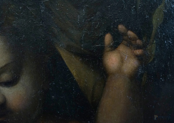 Scuola senese del XVI secolo, Madonna con il Bambino tra San Bernardino da Siena e Santa Caterina...