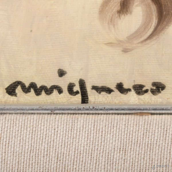 Giuseppe Migneco, Pescatore, tecnica mista su tela, XX secolo, cm 60x40, entro cornice, firmato i...