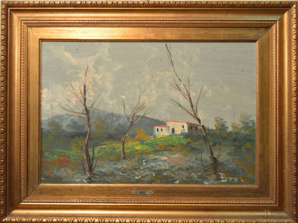 Pesaggio con casa, olio su tela 41x61 cm, entro cornice firmato.