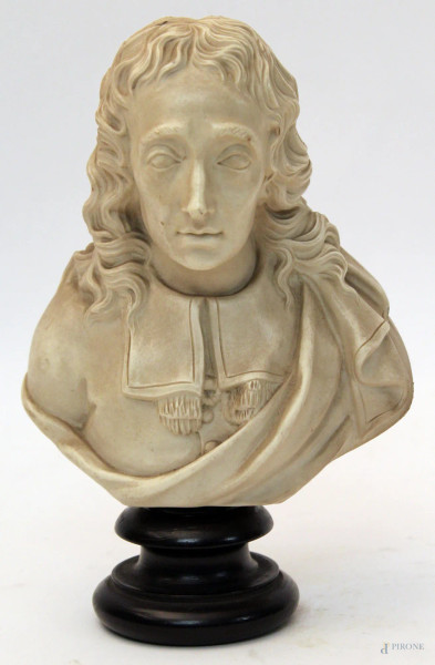 Busto di John Milton, scultura in bisquit poggiante su base in legno, H 19 cm, XVIII sec.