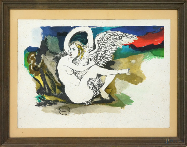 Renato Guttuso - Leda e il cigno, multiplo su carta da Guttuso, cm 49x68, entro cornice, (macchie)