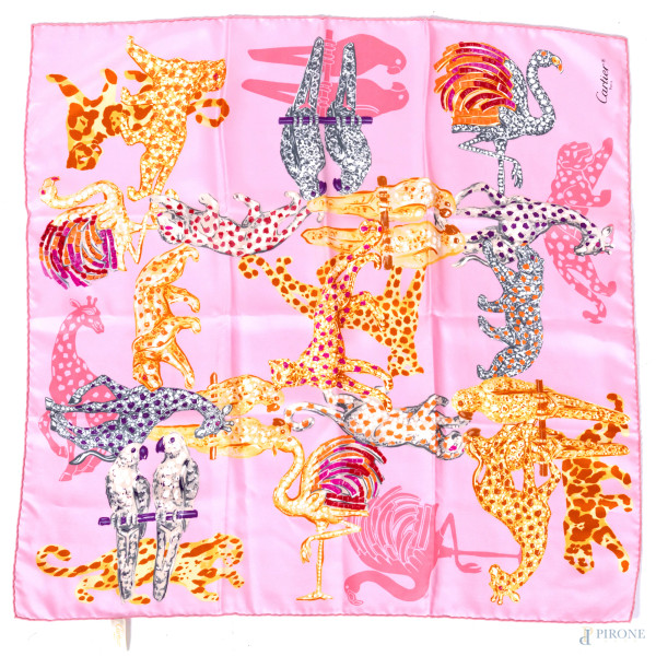 Foulard Cartier con animali esotici su fondo rosa, cm 66x66