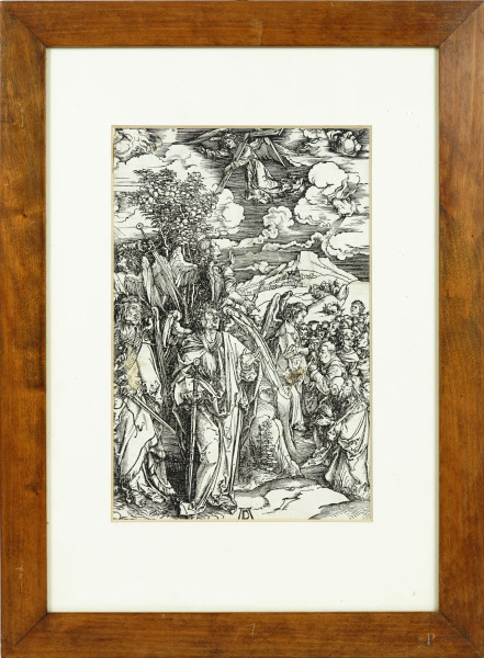 Albrecht Dürer (Norimberga 1471 -  1528), I quattro angeli trattengono i venti, dall'edizione del testo latino del 1511 de L'Apocalisse, xilografia, cm 39x26, entro cornice (margini tagliati, difetti e restauri)