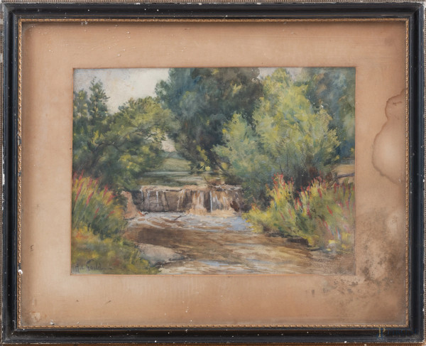 Ruscello, XX secolo, disegno a tecnica mista su carta, cm 24x33,5, firmato in basso a sinistra, entro cornice, (ondulazioni della carta, tracce di umidità, foxing, segni di usura, difetti)