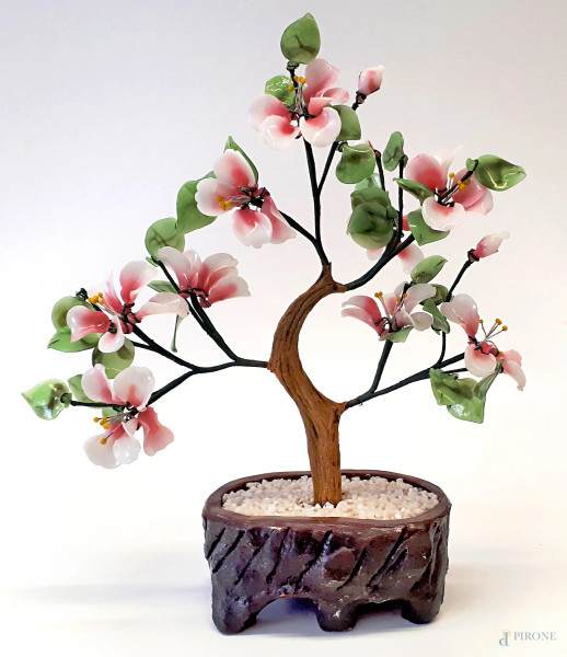 Bonsai vintage di arte cinese realizzato con mix di pietre burattate in varie tonalit&#224; di colore, altezza cm 35 circa