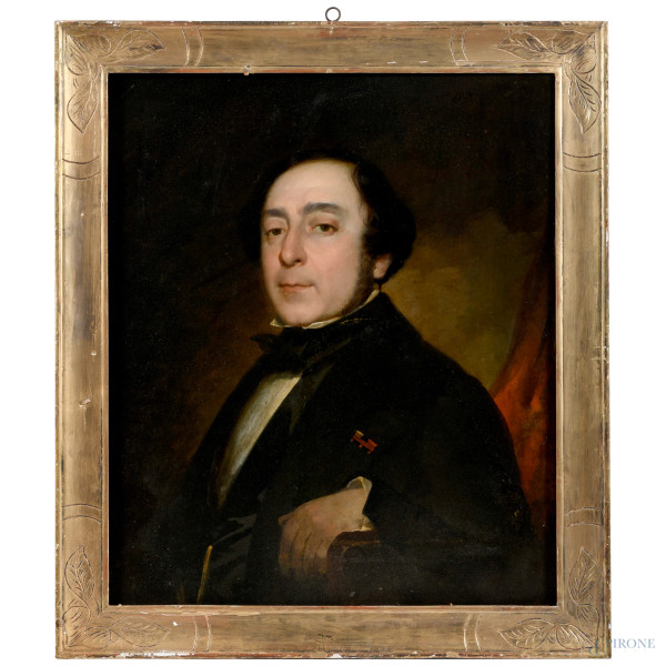 Ritratto di gentiluomo, XIX secolo, olio su tela, cm 75x62, entro cornice (abrasioni, graffi)