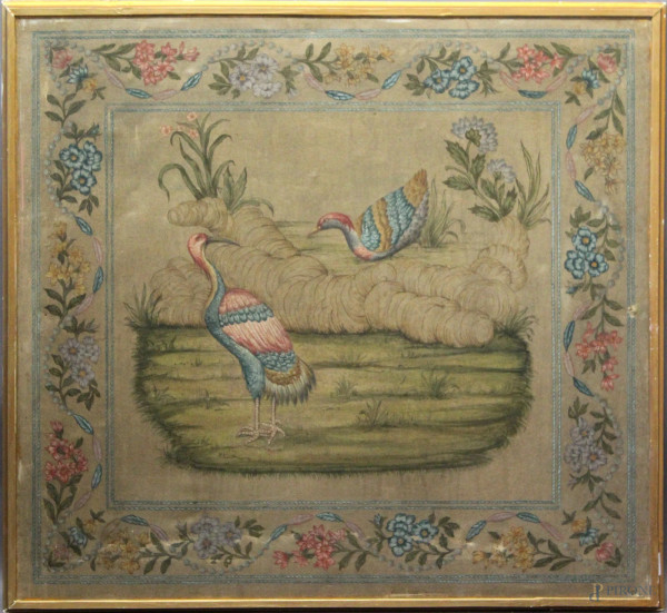 Paesaggio con volatili, tempera su carta riportata su tela, XIX sec., cm 95 x 102.