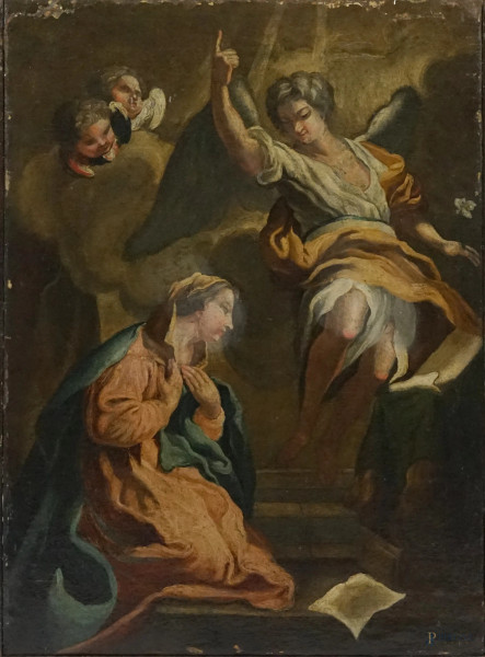 Pittore del XVIII secolo, Annunciazione, olio su tela, cm 75x54, (difetti)