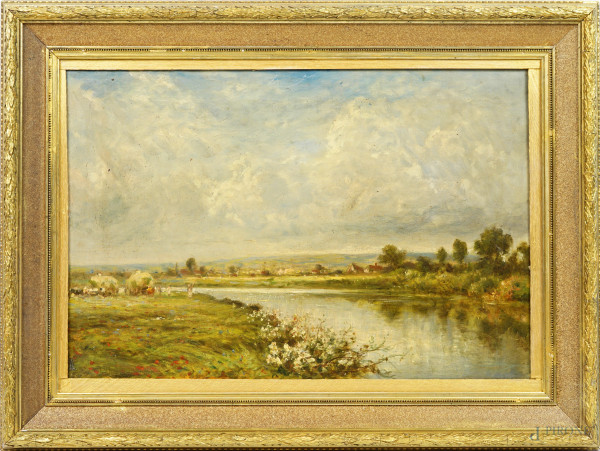 Paesaggio inglese, olio su tela, cm 40.8x61, firmato L. Richards, entro cornice