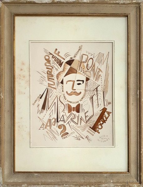 Composizione futurista con ritratto di Marinetti e parole in libert&#224;, tempera su carta, cm 24x34, firmato, in cornice