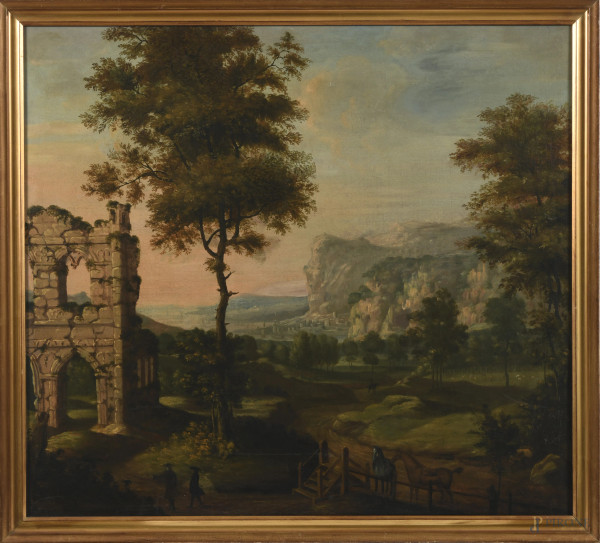 Paesaggio con rovine e figure, XIX secolo, olio su tela, cm 80x30, entro cornice, (craquelure, lievi abrasioni)