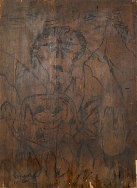 Figura, XX secolo, tecnica mista su tavola, cm 72x52, firmato in basso a sinistra, (segni di usura, fessurazioni e rotture del supporto, difetti)