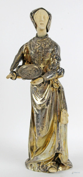 Santa Lucia, scultura in argento con applicazioni in avorio, Germania XVIII-XIX secolo, altezza cm 35