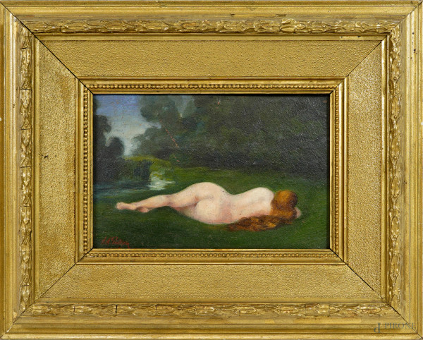 Nudo femminile di spalle entro un paesaggio, XX secolo, olio su cartone, cm 14,5x21, entro cornice