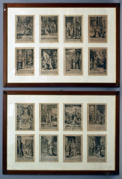 Lotto composto da sedici incisioni, raffiguranti la vita di San Filippo Neri, XVIII sec., cm. 25x17,5, entro due cornici.