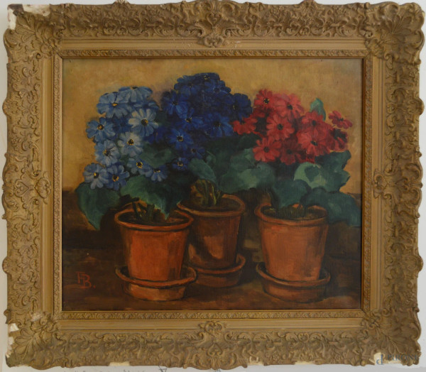 Natura morta con vaso di fiori, olio su tela 50x60 cm, entro cornice, primi 900, (difetti alla cornice).