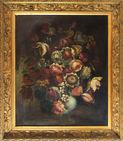 Vaso di fiori, olio su tela, cm 61x50, XX secolo, entro cornice, (difetti).