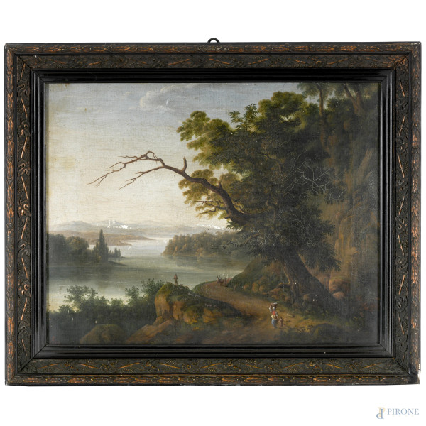 Paesaggio fluviale con figure, XIX secolo, olio su tela, cm 38,5x49,5, siglato "CF" e datato "1850" in basso a sinistra, entro cornice, (difetti)