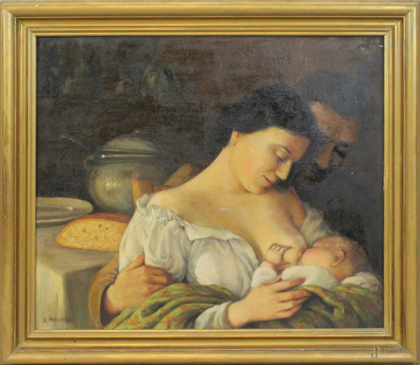 Arnaldo Malpieri - Maternità, olio su tela, cm 60x71, entro cornice