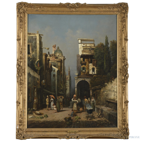 Scorcio di città con figure, XIX-XX secolo, olio su tela, cm 79x63, firmato in basso, entro cornice