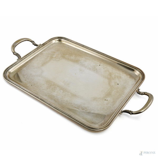 Vassoio a doppia presa in argento 800//000, cm 32,5x55, peso gr 1515