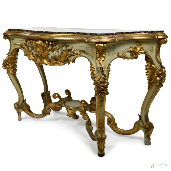 Consolle in legno laccato e dorato con piano in marmo, XIX secolo, cm 96x 130x60, (difetti)