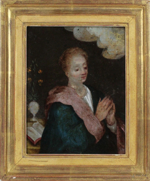 Federico  Barocci - (Cerchia di), Vergine annunciata, olio su rame, cm. 18x14.5, entro cornice