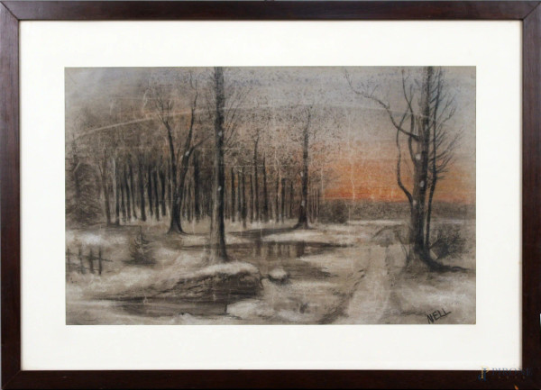 Paesaggio invernale al tramonto, pastelli su carta, cm. 27x43, firmato entro cornice.