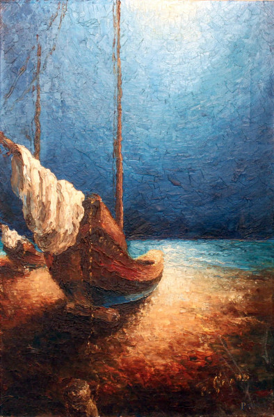 Spiaggia con barca, olio su tela, cm. 60x40, firmato.
