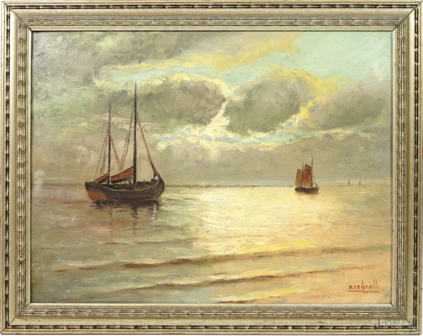 Veduta marina con imbarcazioni, olio su tavoletta, firmato in basso a destra, cm 37x49, entro cornice