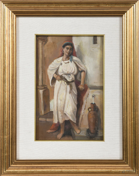 Donna mediorientale, XX secolo, olio su tavola, cm 30x19,5, entro cornice