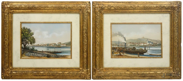 Coppia di vedute raffiguranti porticcioli, stampe a colori, cm 25x35, entro cornici del XIX secolo.