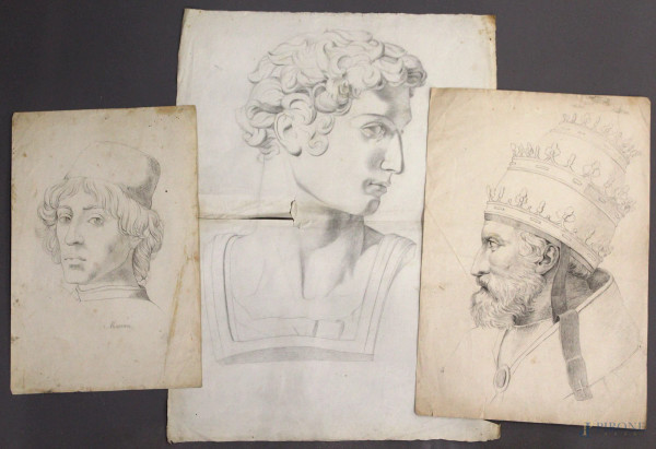 Lotto di tre disegni su carta a soggetti di volti, 60x46 - 47x32 - 40x26 cm, XIX sec.