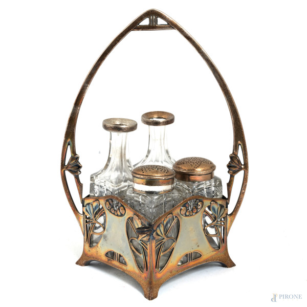 Oliera con struttura in argento e ampolle in vetro e argento, XX secolo, altezza cm 26, peso argento gr 230