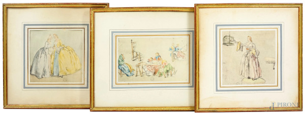 Tre stampe raffiguranti scene di vita quotidiana, cm 15,5x23,5, recanti il timbro F.lli Alinari sul retro della carta, entro cornici.