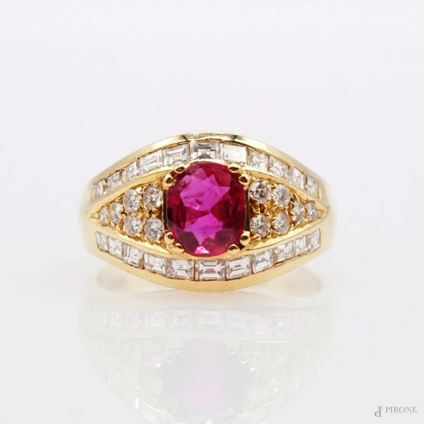 Anello in oro giallo 18 Kt con rubino 1,10 Kt e diamanti 1,20 kt, gr. 6, misura n.13.5